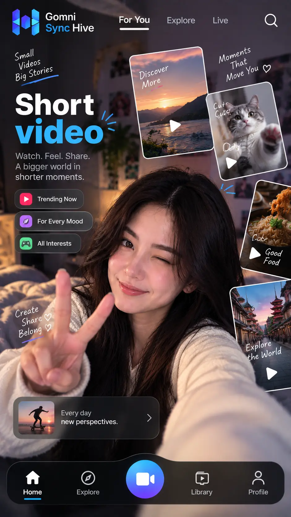The short-form video feed in the Gomni Sync Hive app
