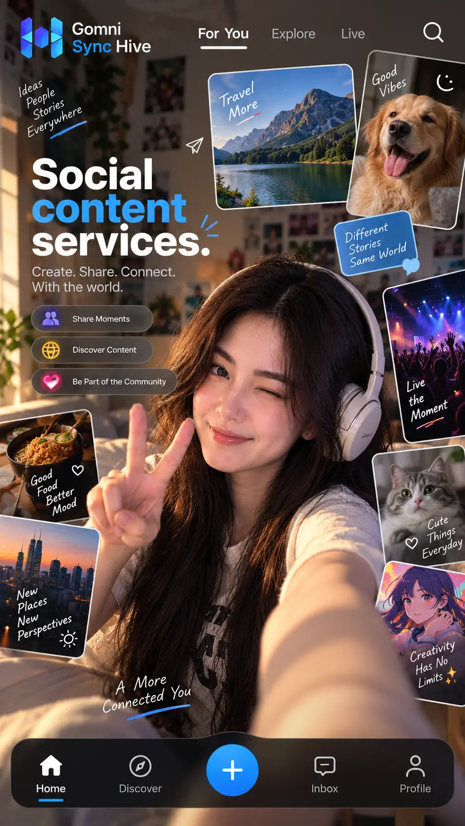 Social content and sharing in the Gomni Sync Hive app